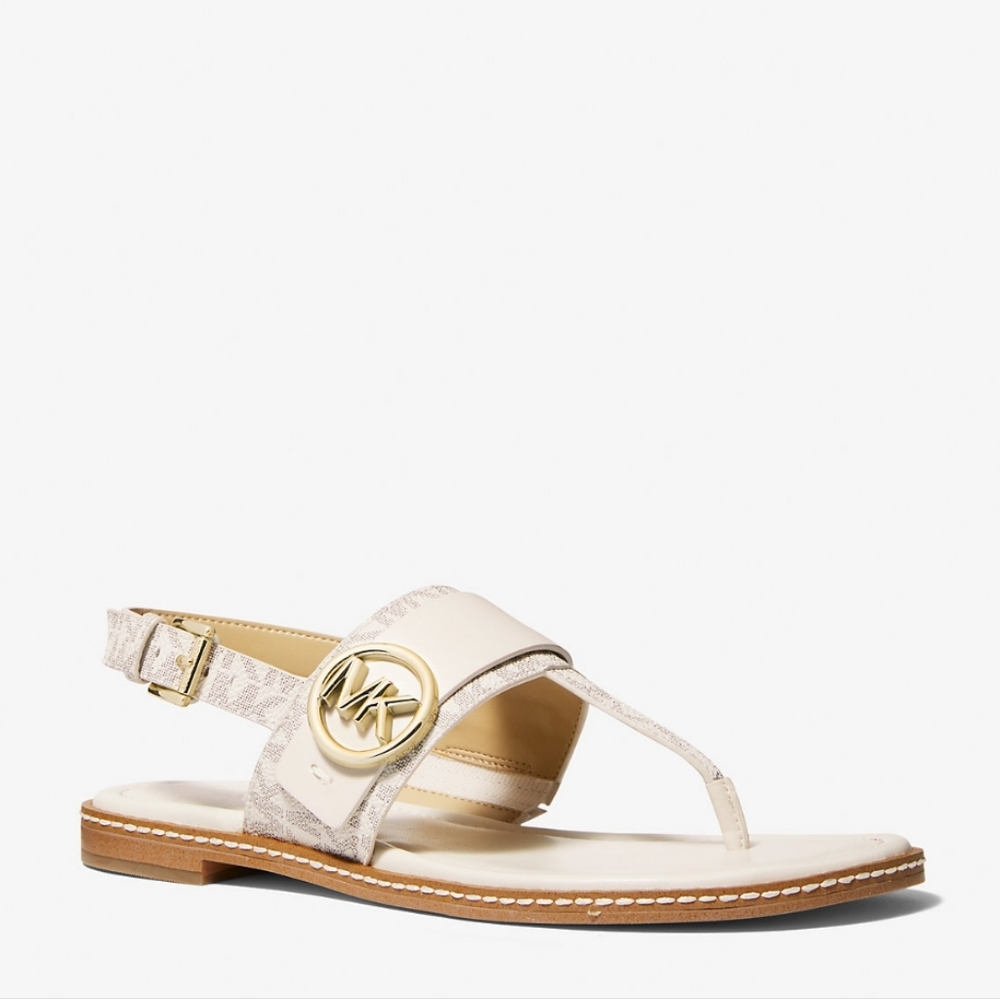 Michael Kors Logo Carmen Cream and Gold Thong Sandals 7.5